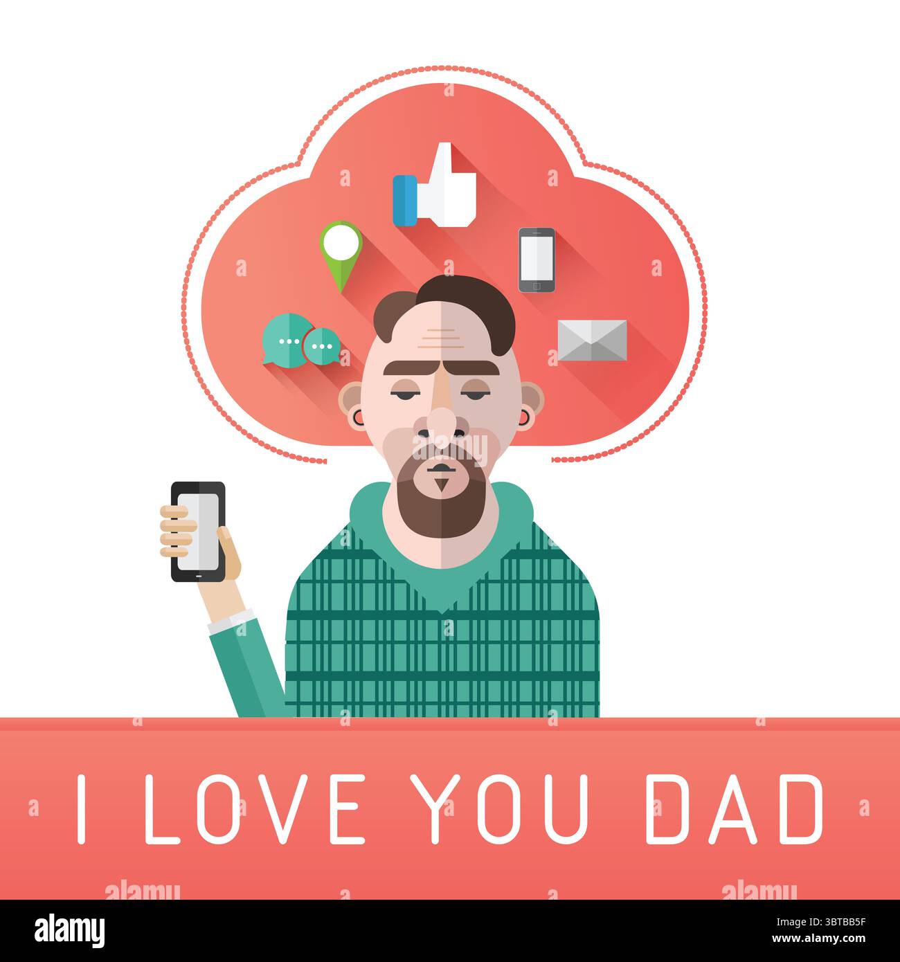 Image of pictogram of man holding smartphone with icons on white background Stock Photo