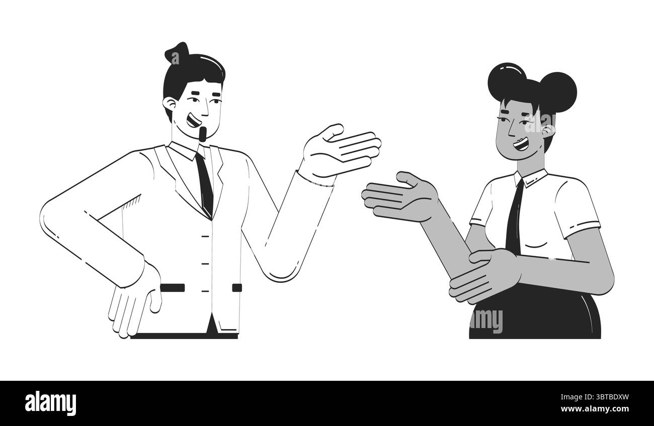 Diverse office colleagues engaged in friendly conversation doodle linear characters Stock Vector