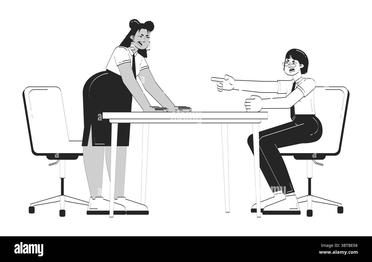 Workplace conflict between colleagues at meeting table doodle linear characters Stock Vector