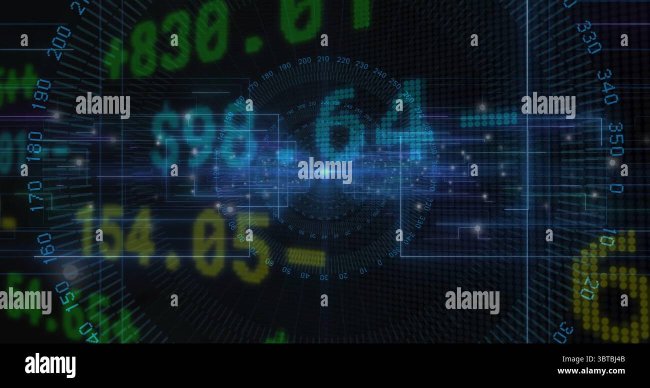 Displaying central data hub illuminating numeric values in virtual dashboard, with gridlines Stock Photo
