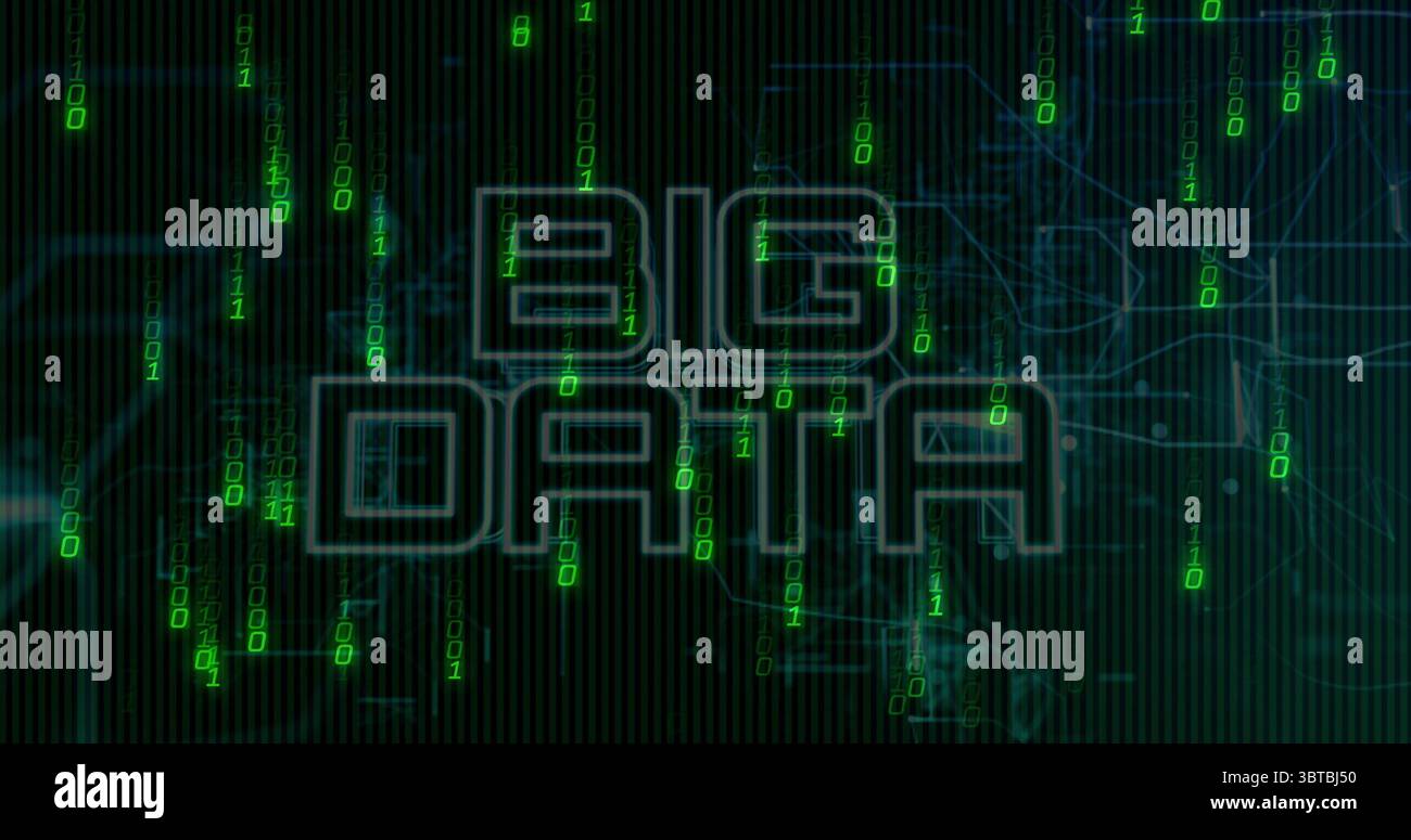 Displaying BIG DATA text over dark grid, with green binary digits cascading and turquoise lines Stock Photo