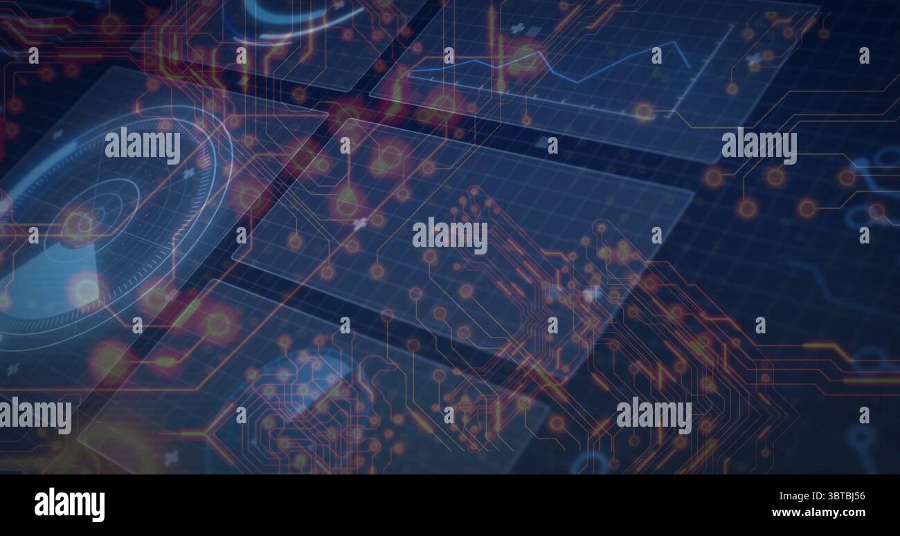 Animating circuit network floating in digital interface, featuring glowing nodes and circuit traces Stock Photo