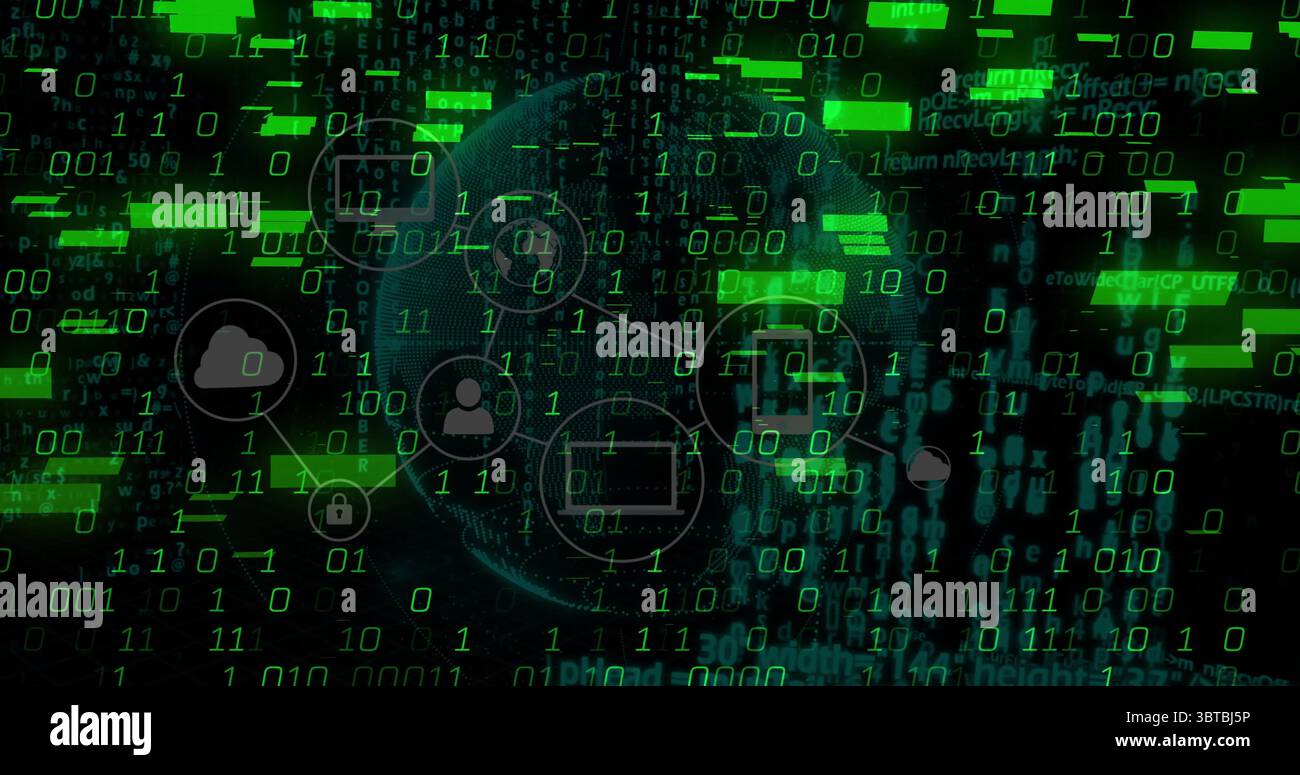 Showing wireframe globe linking icons and code fragments in cyberspace, with streaming binary code Stock Photo