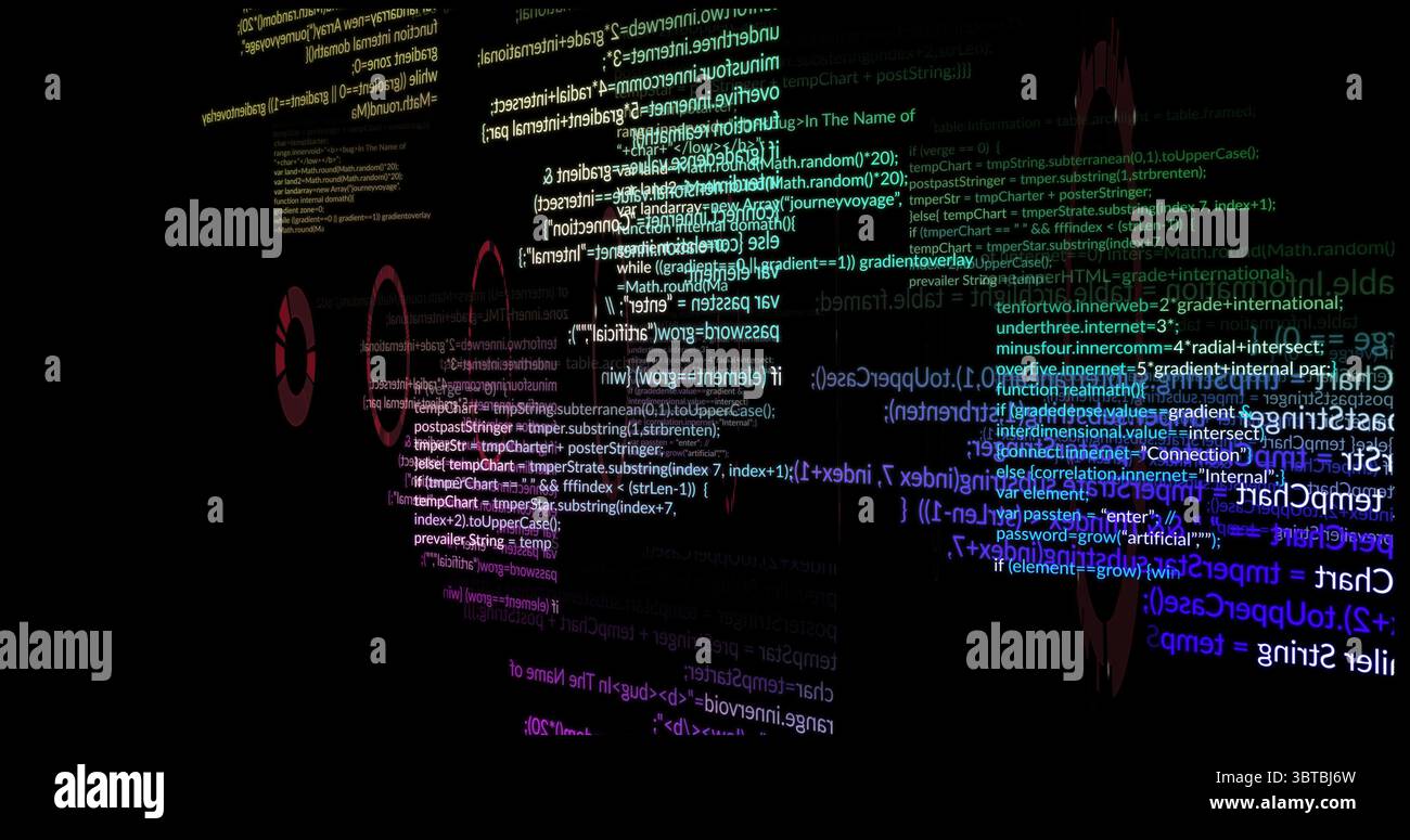 Projecting holographic code panels and code text floating in digital void, showing syntax elements Stock Photo