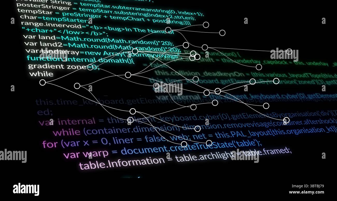 Displaying code and network graph on monitor, with JavaScript loops white nodes and curved lines Stock Photo