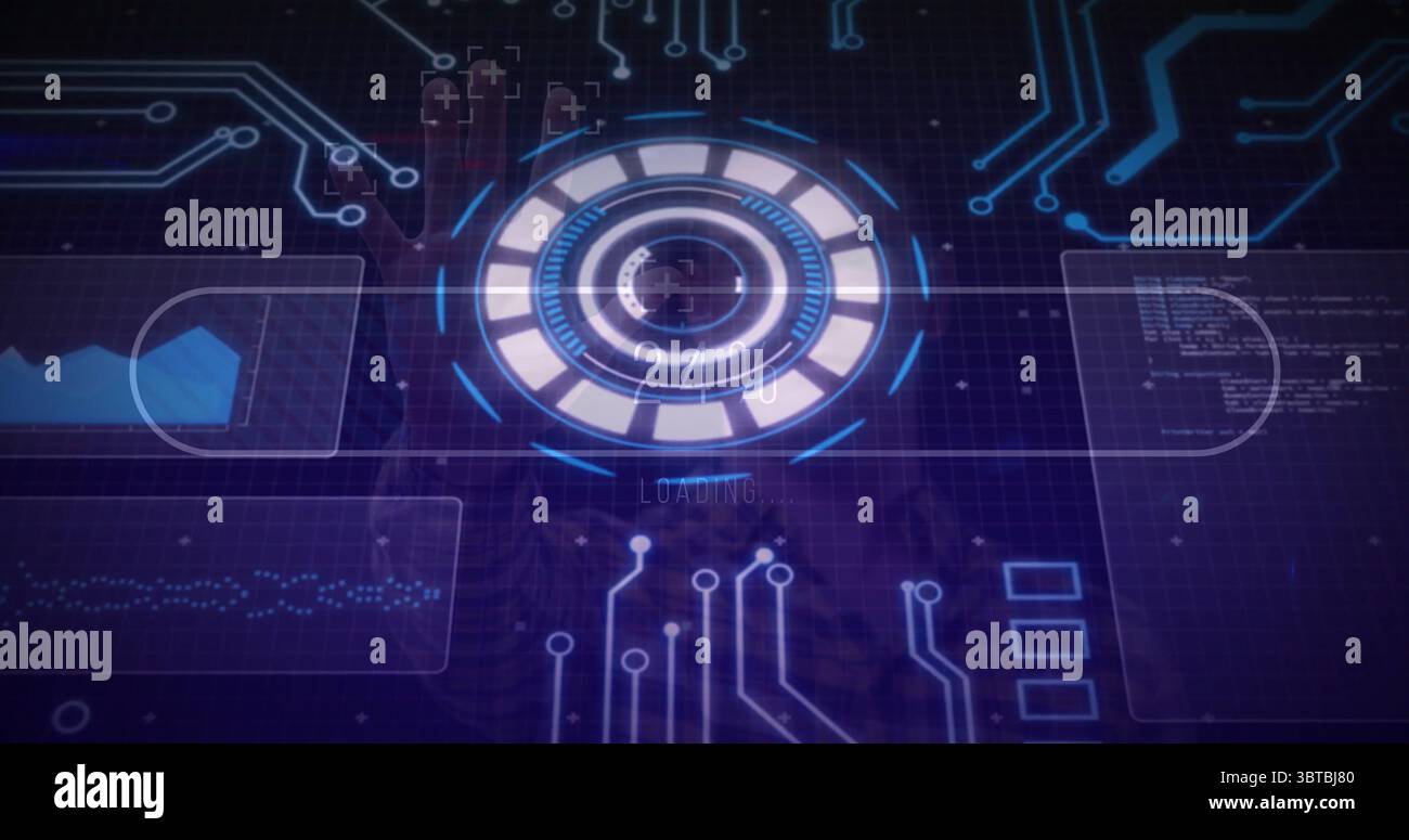 Displaying central circular loading interface with segmented rings at control hub with data panels Stock Photo