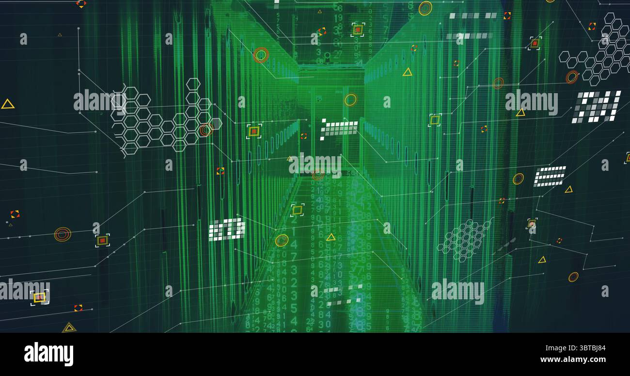 Receding corridor in network with binary code streams, circuit lines, data nodes and numeric panels Stock Photo