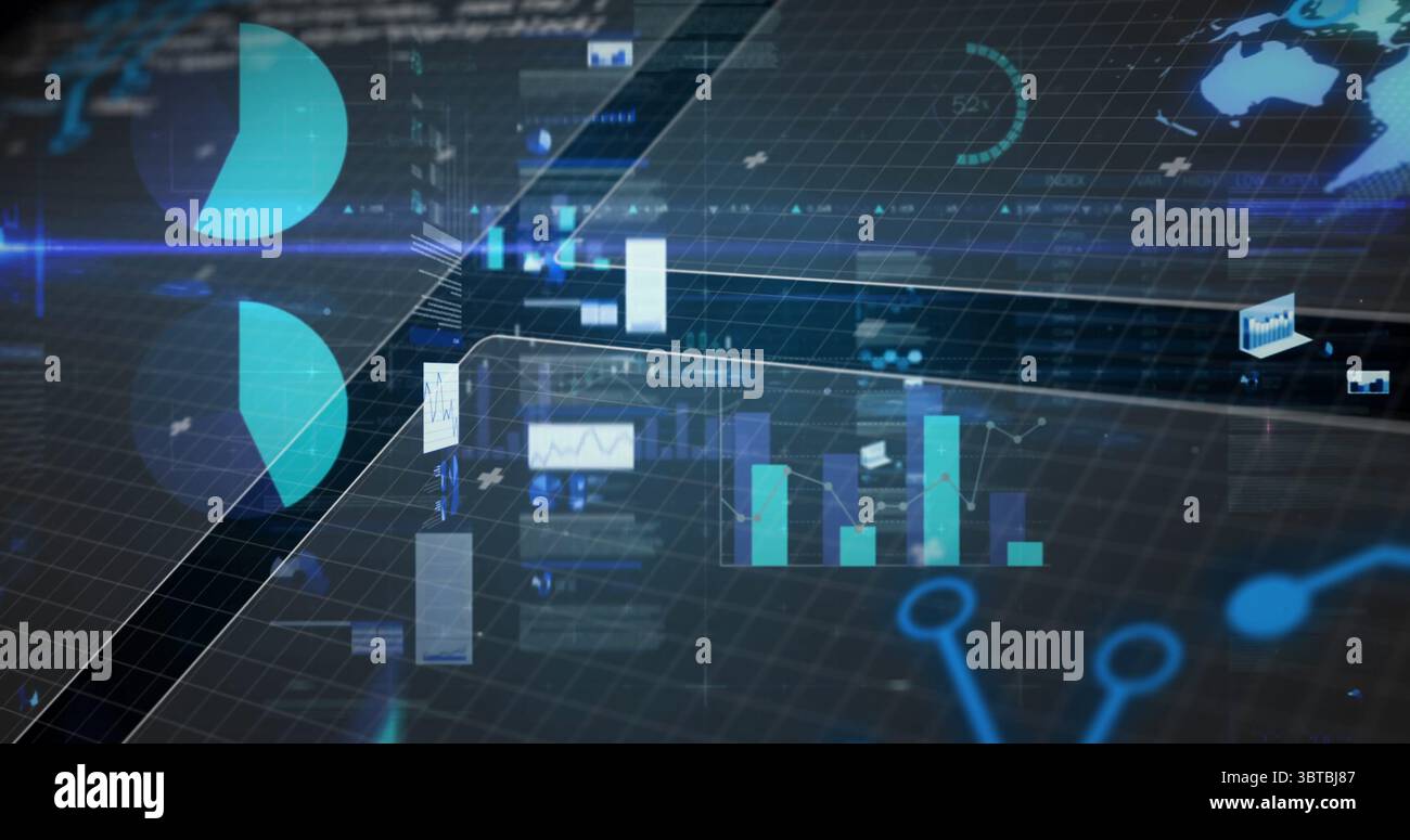 Displaying holographic bar chart floating over grid in cyber dashboard, with pie segments and nodes Stock Photo