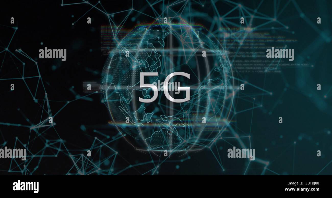 Highlighting bold 5G lettering over wireframe globe in abstract digital network, glowing nodes Stock Photo