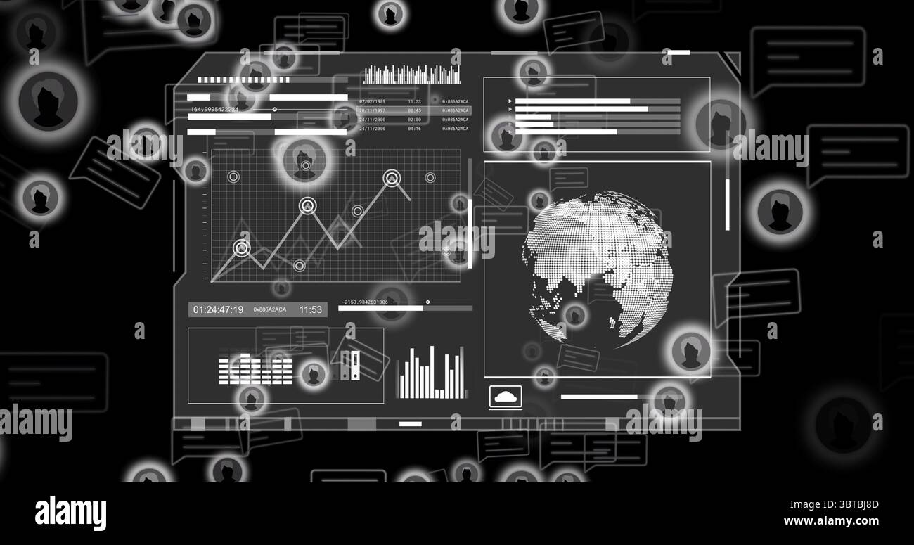 Displaying translucent dashboard floating in interface, with line graph world map and cloud icon Stock Photo
