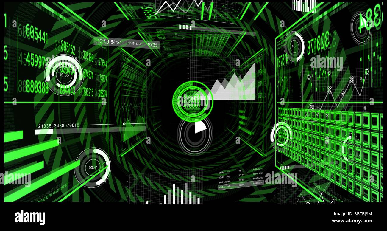 Spiraling tunnel displaying central circular interface in cyberspace, with concentric ring charts Stock Photo