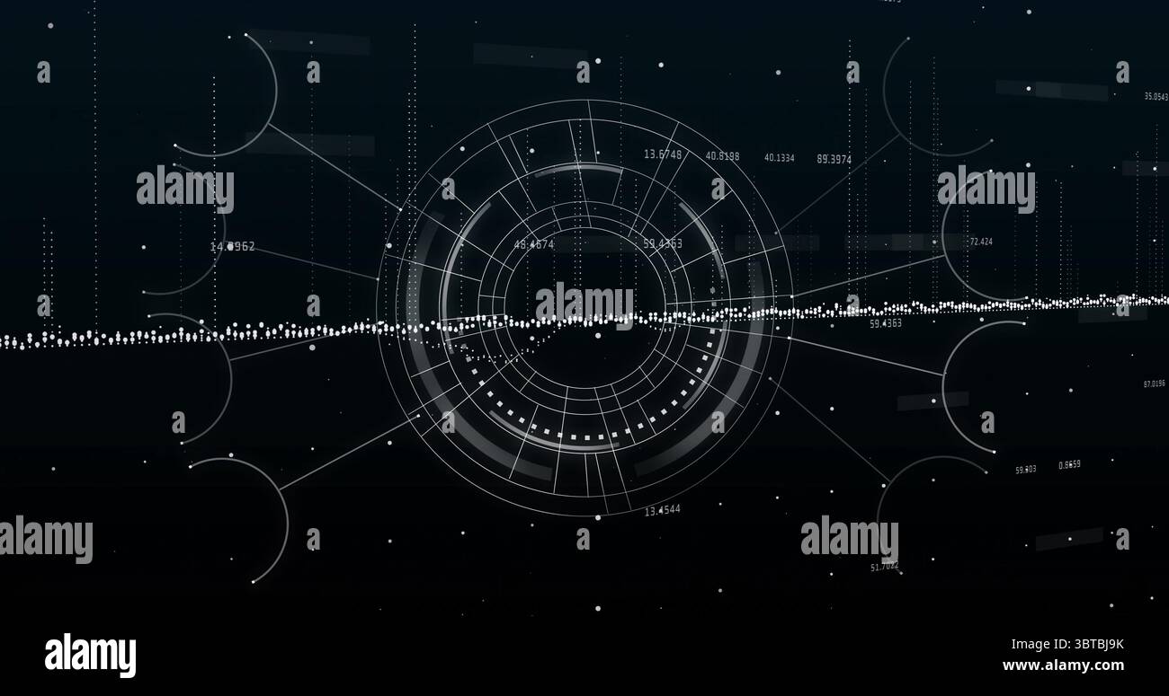 Showing concentric data visualization interface on digital display, with waveform, numeric labels Stock Photo