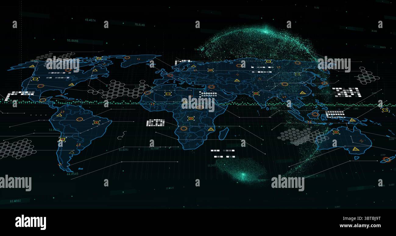 Displaying holographic world map floating on control dashboard, with translucent hex grid Stock Photo
