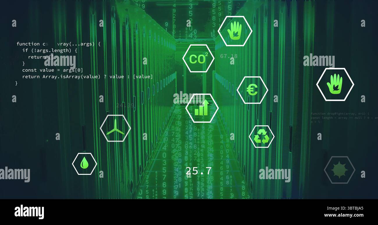 Bathing server rack aisle in data center, with green data streams, code ...