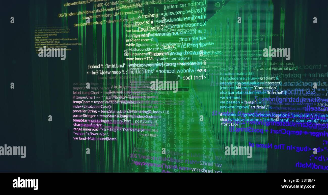Flowing binary streams with source blocks drifting through digital matrix, glowing data streams Stock Photo
