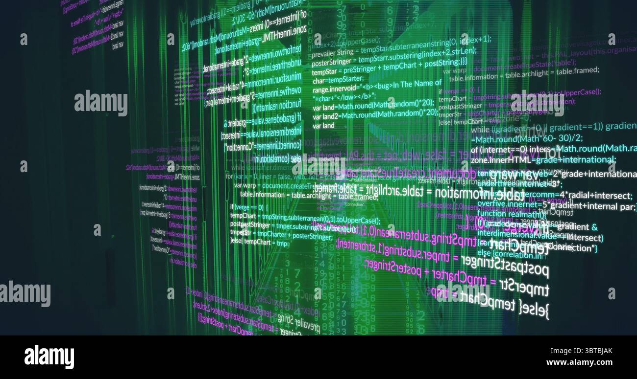 Moving code lines and green data bars across virtual interface, with holographic effect Stock Photo