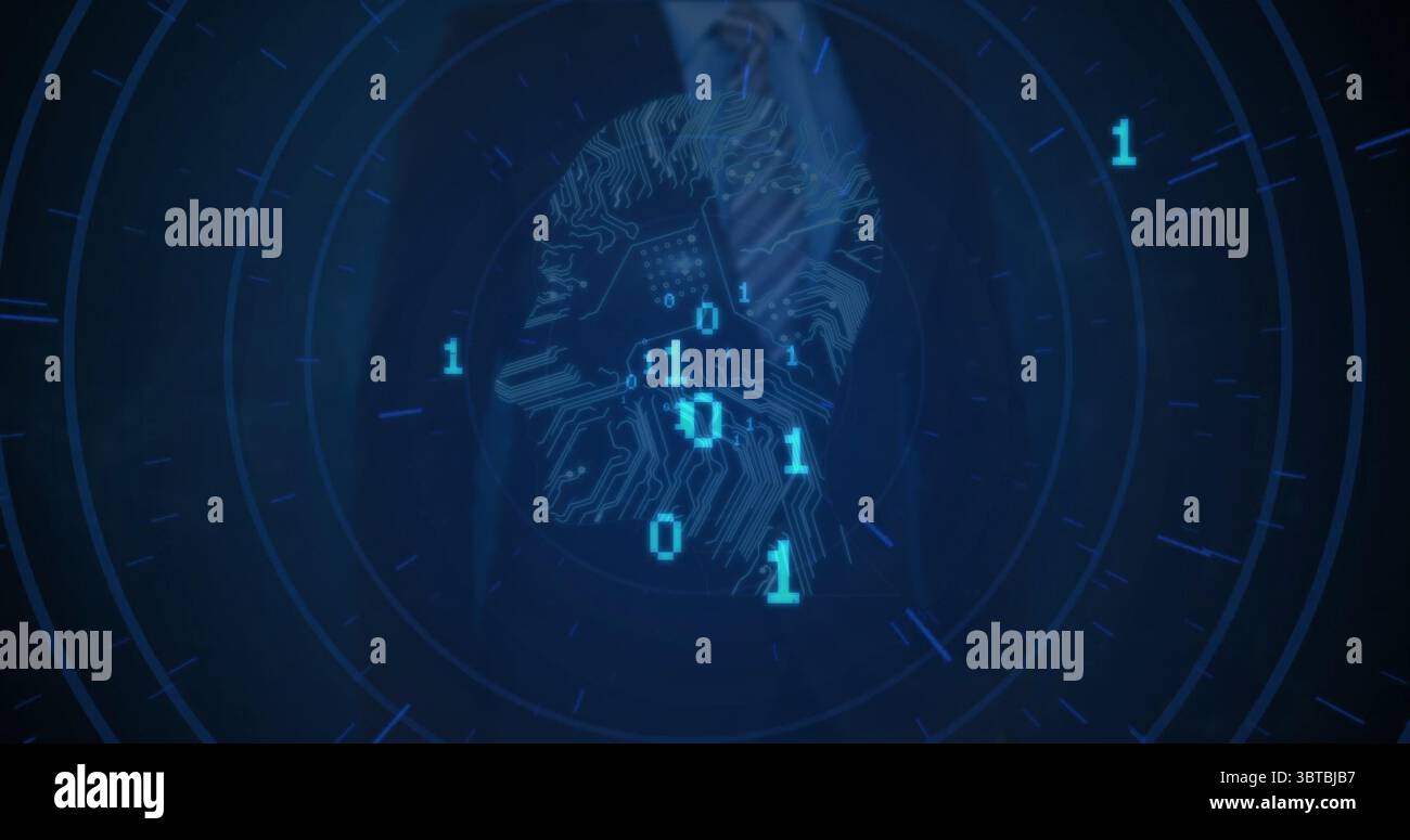 Stylized digital brain pulsating in futuristic HUD interface, with binary digits and grid lines Stock Photo