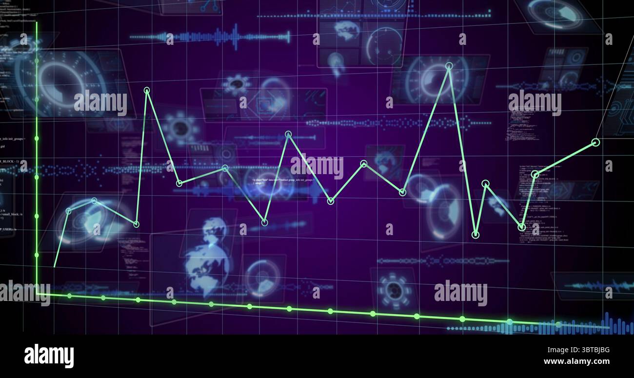 Displaying neon green line graph with glowing nodes over purple grid ...