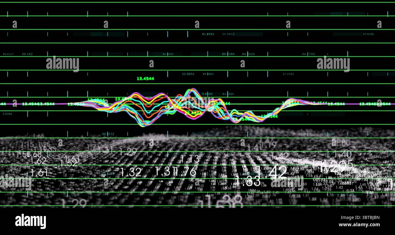 Displaying colorful waveform undulating over green grid on virtual dashboard, white numeric data Stock Photo