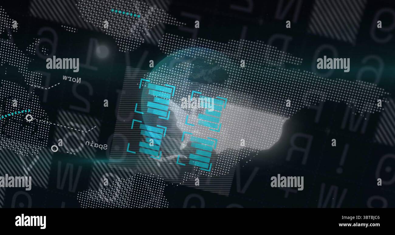 Displaying dotted world map under turquoise scanning frames in virtual interface with code strings Stock Photo