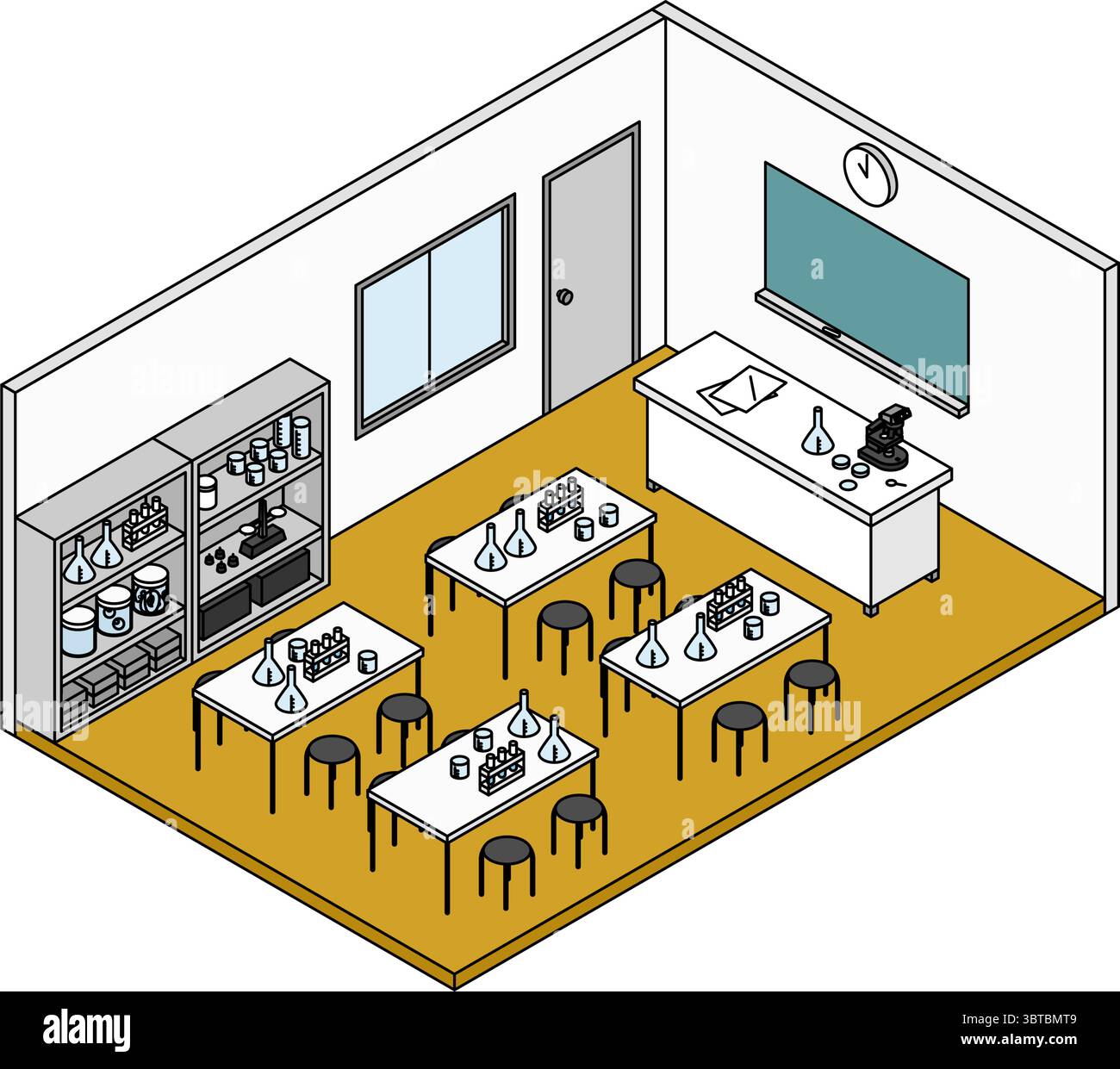 Simple and cute isometric line drawing illustration of a school science ...