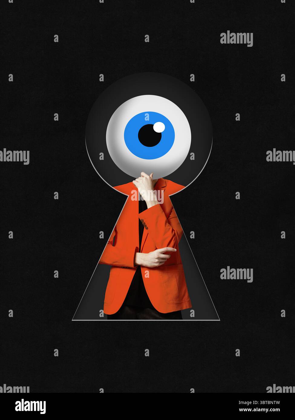Surreal collage. Person with blue eye head seen through keyhole in orange blazer on black background Stock Photo