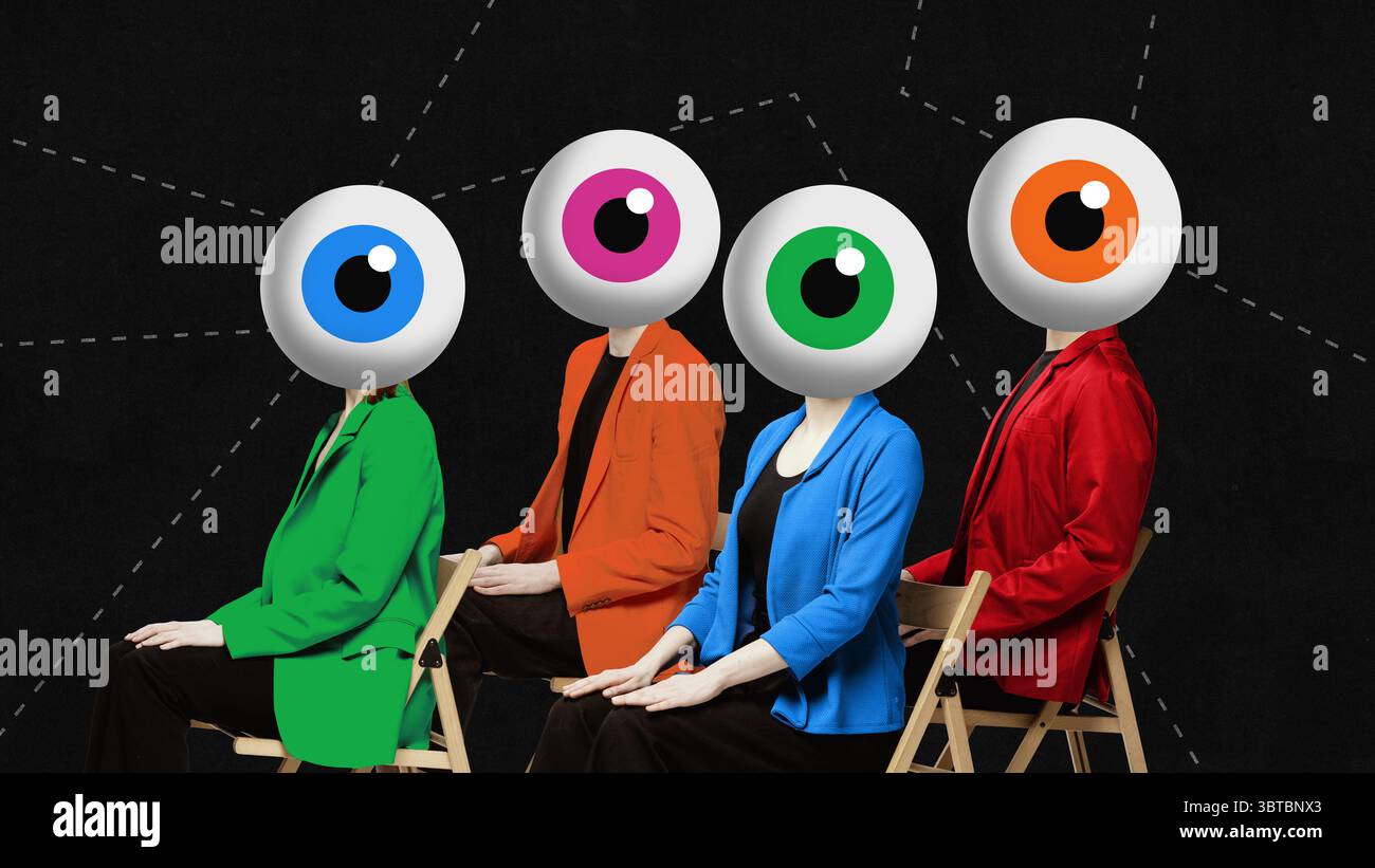 Surreal collage. Four seated people with giant colorful eye heads in ...