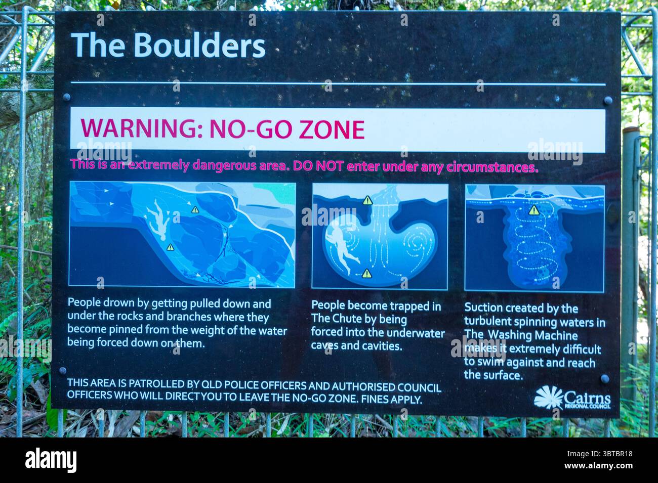 Drowning warning sign at the Devil's Pool, Babinda Boulders, a renowned ...