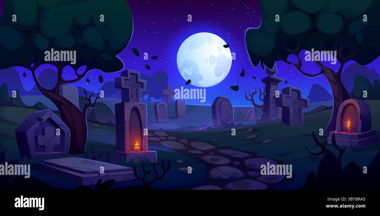 Cartoon Halloween cemetery landscape with tombstones on graves, vector ...
