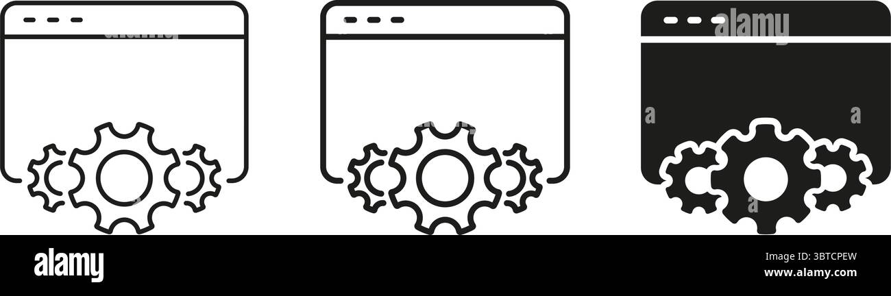 Web Browser With Gears Line and Solid Icon. Website Configuration, Development, And Optimization Symbol Collection. Software Engineering And System Stock Vector