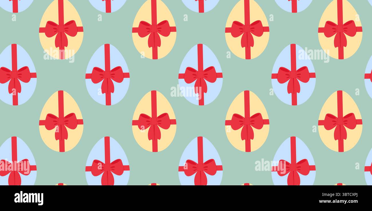 Colorful Easter Eggs Blue and Yellow with Tied Ribbon Bow Seamless Pattern on Green Backdrop Banner. Isolated Vector illustration Easter Thematic Cards Background Invite or banners, leaflets, labels  Stock Vector
