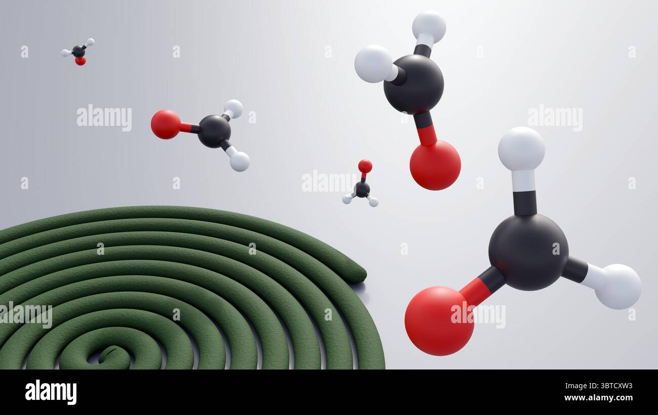A 3D molecular model of formaldehyde and green mosquito coils, potentially alluding to concerns about the release of formaldehyde. Stock Photo