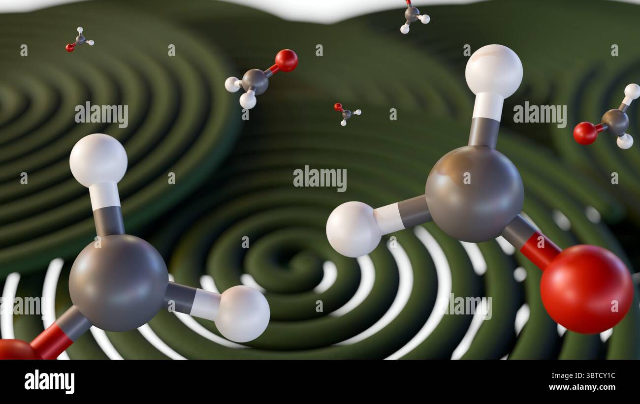 A 3D molecular model of formaldehyde and green mosquito coils, potentially alluding to concerns about the release of formaldehyde. Stock Photo