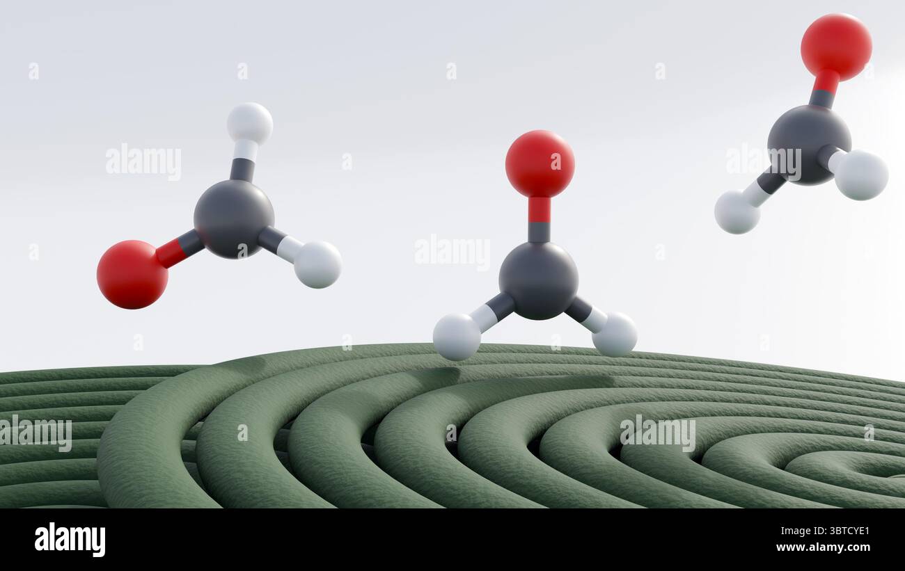 A 3D molecular model of formaldehyde and green mosquito coils, potentially alluding to concerns about the release of formaldehyde. Stock Photo