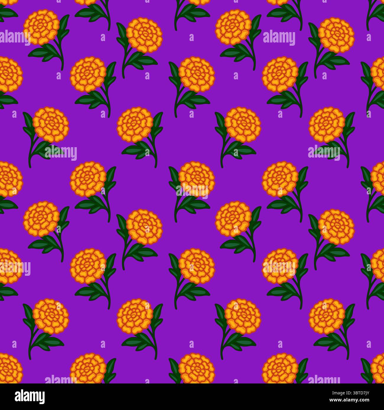 Vibrant vector seamless pattern featuring stylized orange marigolds on a rich purple background, ideal for Day of the Dead or Mexican fiesta designs. Stock Vector