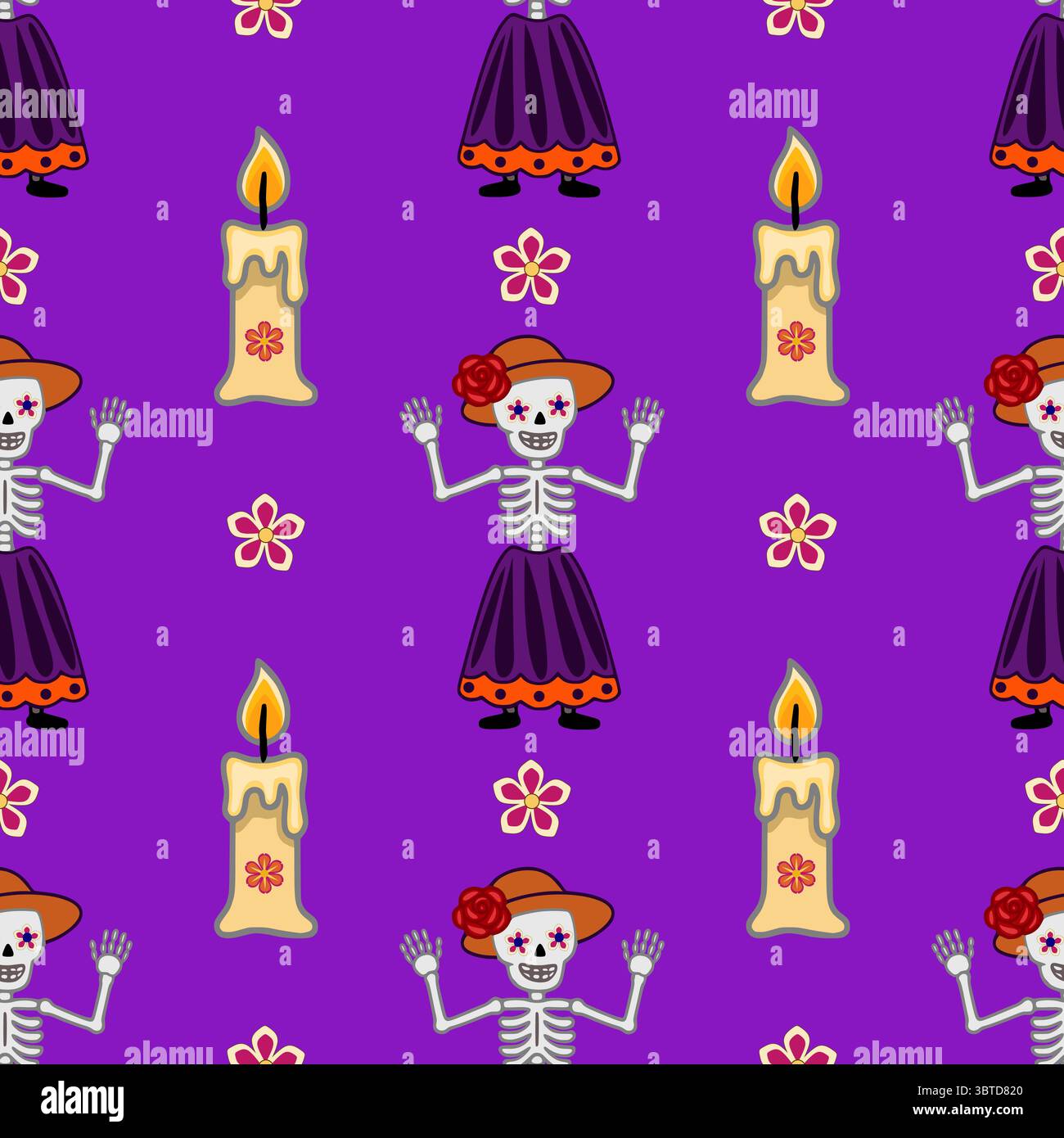 Seamless vector pattern featuring cheerful Calaveras Catrinas in vibrant purple, orange, and red, waving against a backdrop of lit candles and stylize Stock Vector