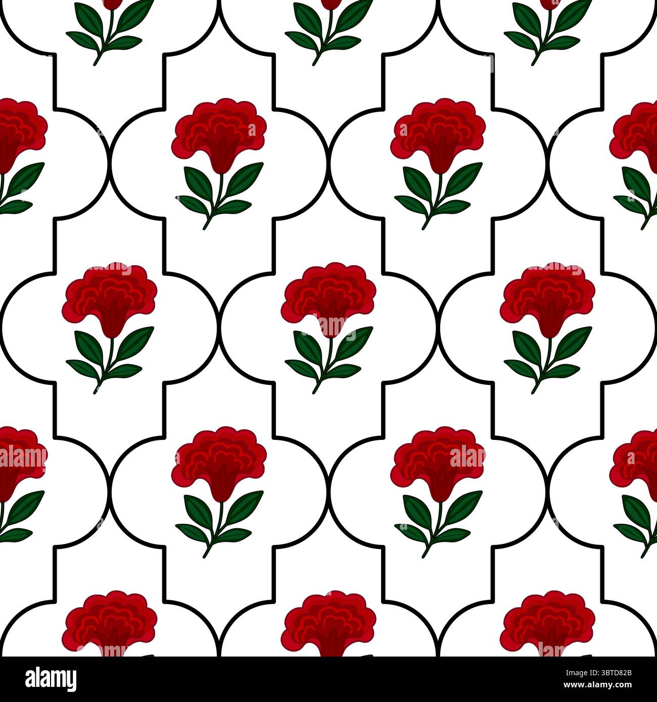 Elegant vector seamless pattern featuring stylized red flowers cresta de gallo and leaves within a quatrefoil frame, creating a sophisticated and mode Stock Vector