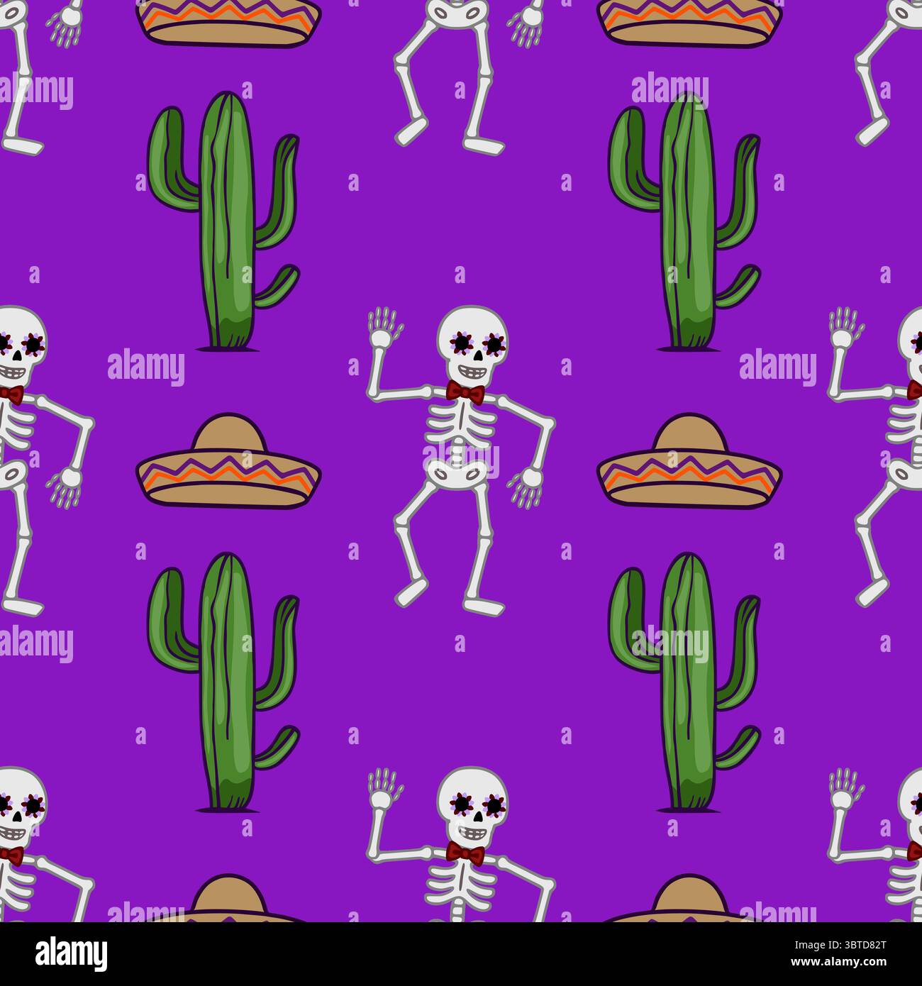 Seamless vector pattern featuring vibrant purple background, dancing skeletons with floral eye makeup and red bow ties, along with green cacti and tra Stock Vector