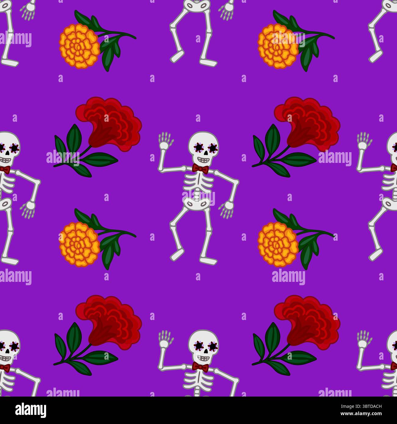 Seamless vector pattern featuring dancing skeletons with floral marigold and red flower accents on a vibrant purple background, perfect for Day of the Stock Vector