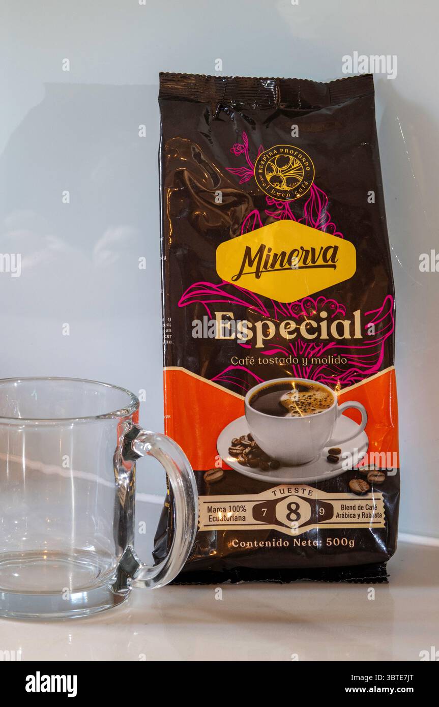 Still life of a bag of Minerva ground coffee from Ecuador, 2025 Stock Photo