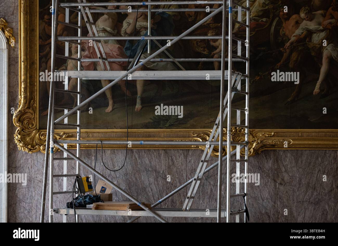 15 July 2025 Brandenburg Potsdam Scaffolding Stands In Front Of A 15 July 2025 Brandenburg Potsdam Scaffolding Stands In Front Of A Painting In The New Palace After Three Decades The Upper Gallery In Potsdams New Palace Is Being Reopened To The Public For The First Time Five Of The Six Most Valuable Paintings Of The Prussian Palaces And Gardens Foundation Berlin Brandenburg Spsg Are On Display There Photo Hannes P Albertdpa 3BTEB4H