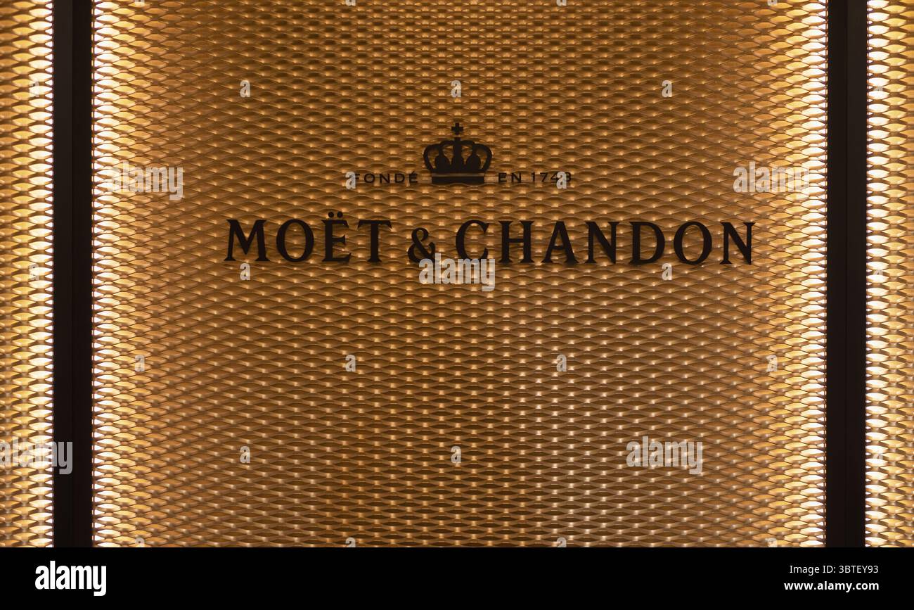 Logo, lettering, headquarters of the champagne brand Moet & Chandon, part of the luxury goods group LVMH Louis Vuitton Moet Hennessy, Avenue de Cham Stock Photo