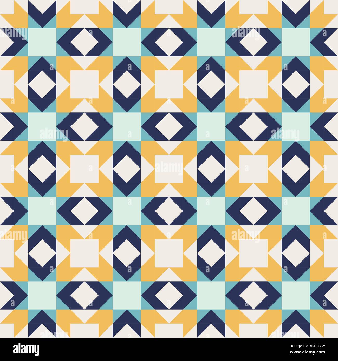 Geometric pattern with blue and yellow accents, seamless repeating patterns, vector art style, simple shapes, flat color blocks, retro design Stock Vector