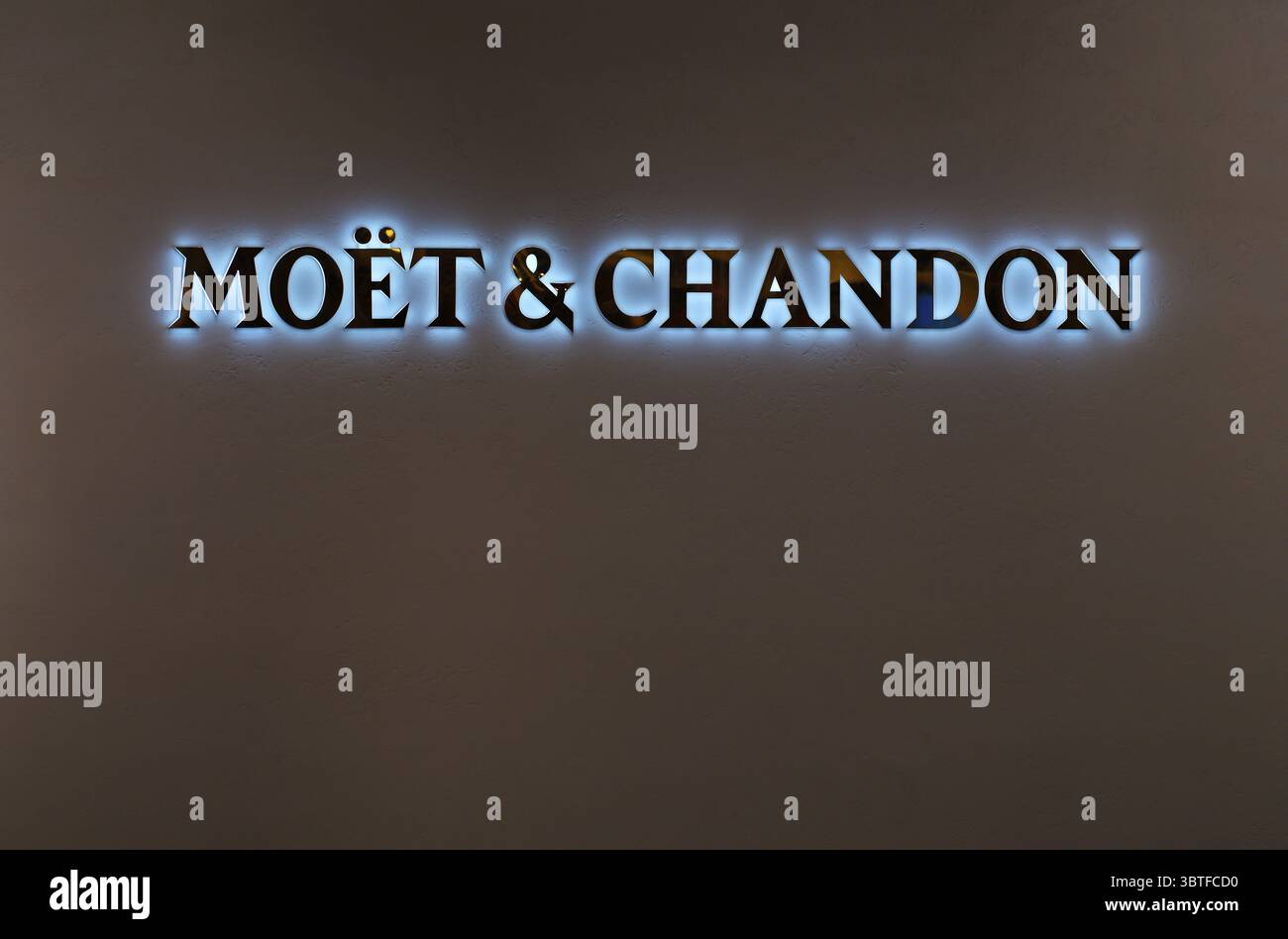 Logo, lettering, headquarters of the champagne brand Moet & Chandon, part of the luxury goods group LVMH Louis Vuitton Moet Hennessy, Avenue de Cham Stock Photo