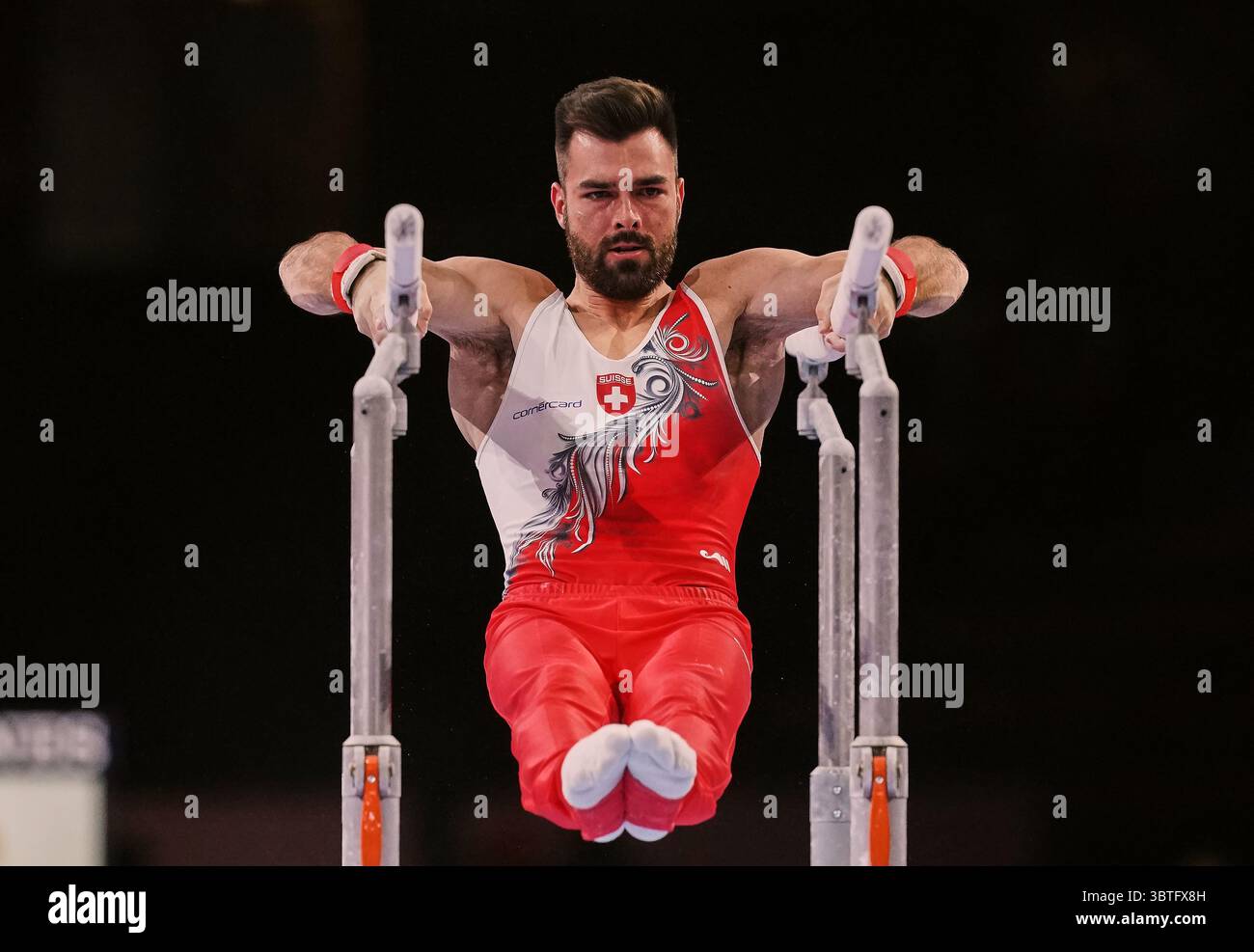 October 11, 2019: Oliver Hegi of Switzerland competing in parallel bars for men during the 49th FIG Artistic Gymnastics World Championships at the Hanns Martin Schleyer Halle in Stuttgart, Germany. Ulrik Pedersen/CSM.(Credit Image: &copy; Ulrik Pedersen/CSM via ZUMA Wire) Stock Photo