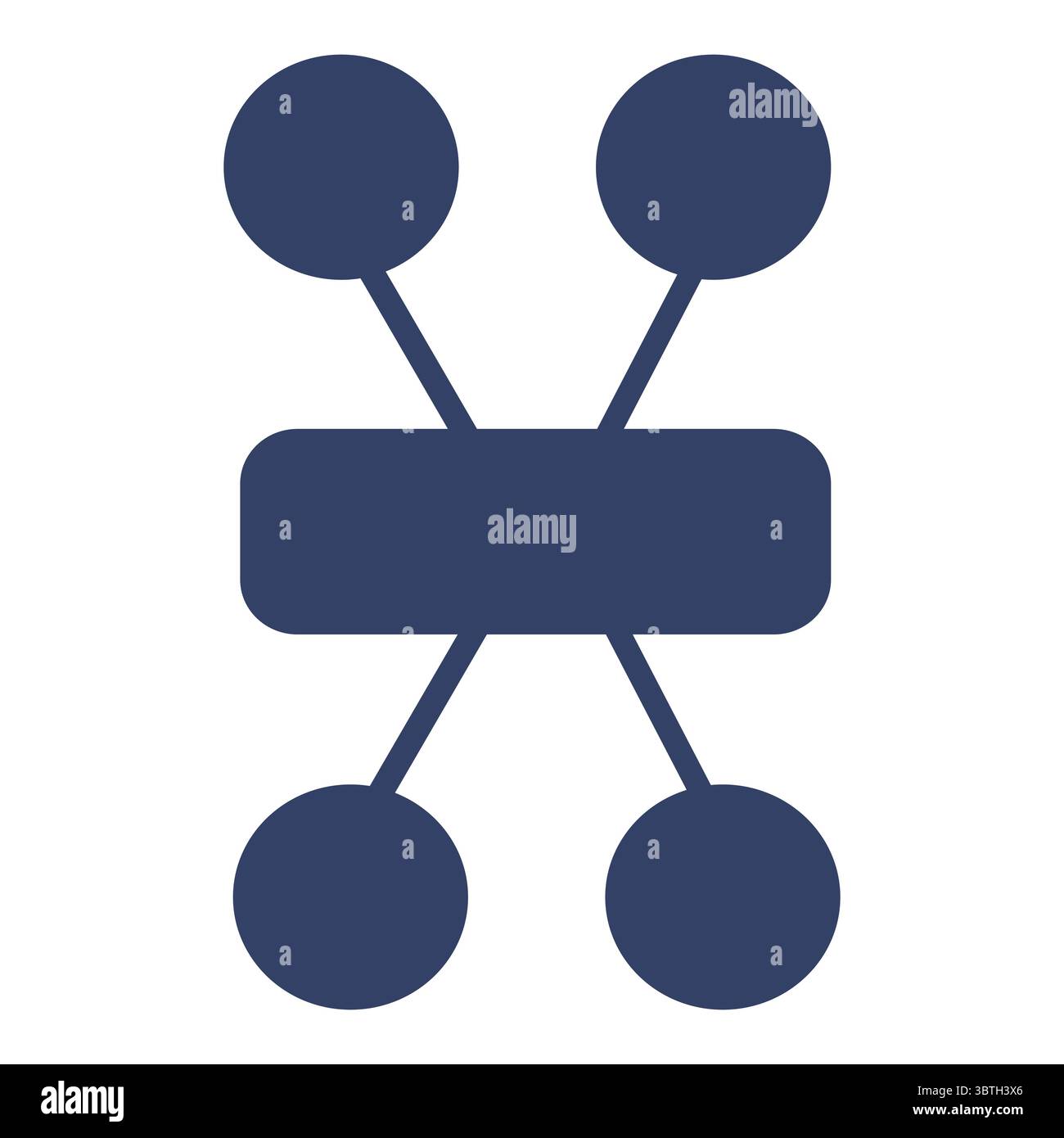 Abstract vector illustration of a central rectangular element connected to four circular elements, representing a network or connection concept in a m Stock Vector