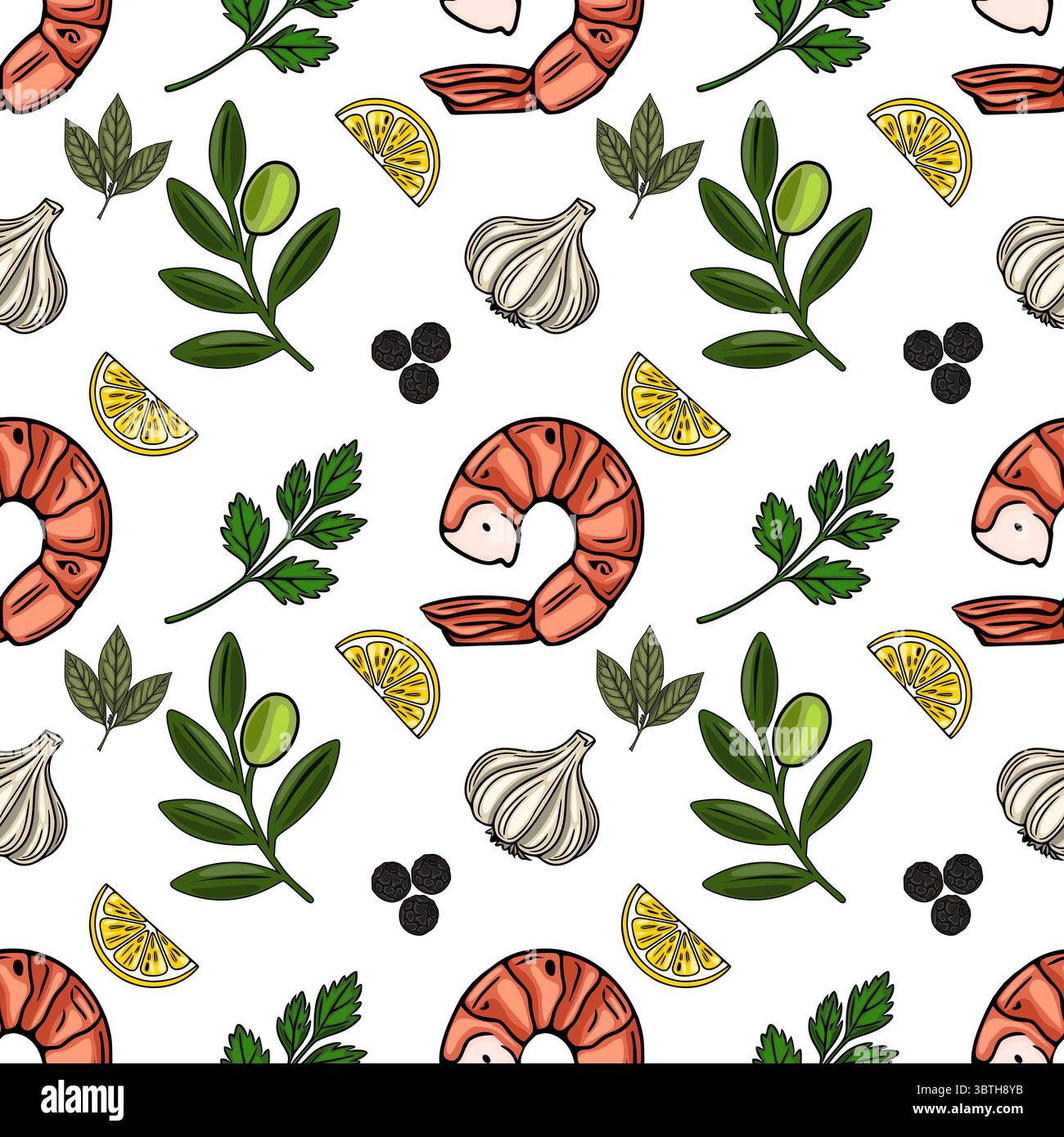 Seamless vector pattern of hand-drawn shrimps, lemon slices, garlic, olives, parsley, and peppercorns, creating a vibrant and appetizing culinary illu Stock Vector