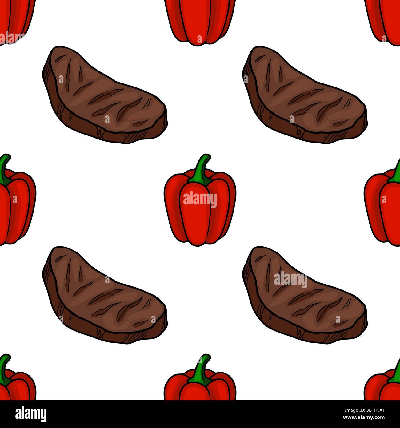 Seamless vector pattern of grilled steak and red bell pepper, hand-drawn in a cartoon style, perfect for food packaging or BBQ menu design. Stock Vector