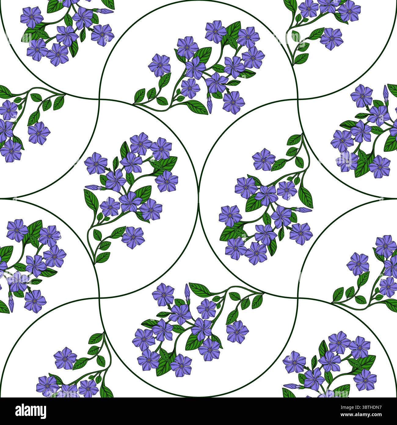 Seamless vector pattern of delicate periwinkle flowers arranged in elegant curved lines within circular frames, creating a sophisticated floral design Stock Vector