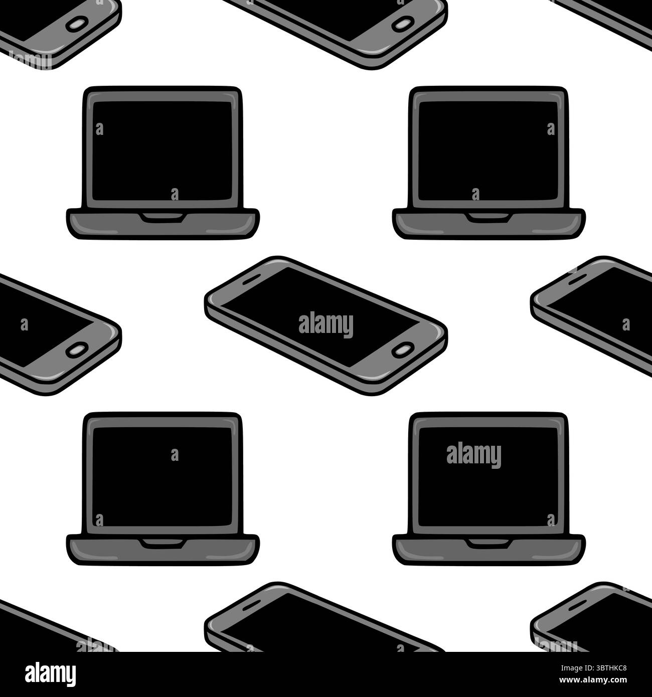 Seamless vector pattern of isometric laptops and smartphones, a minimalist grayscale design ideal for tech-related backgrounds and presentations. Stock Vector